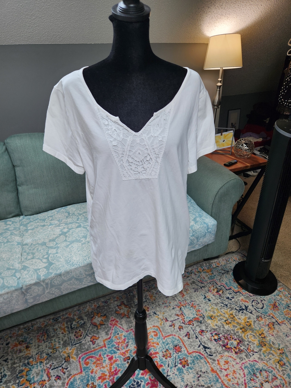 Coldwater Creek White Women’s Lace-Trim V-Neck Top Cotton Medium